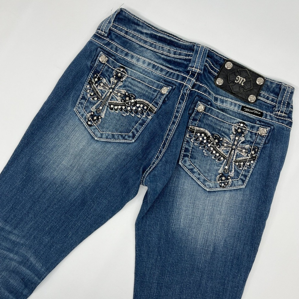 Miss Me Bootcut Jeans Size 27 Blue Cross Wing Rhinestone Y2K JP6127B
